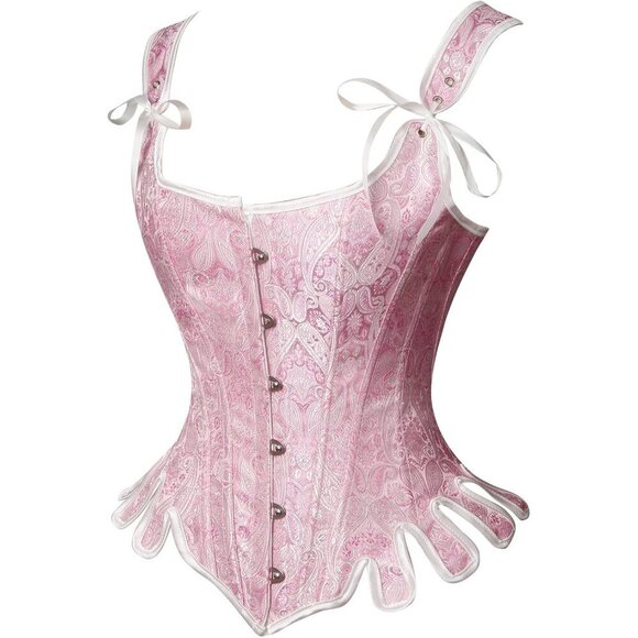 Women First Pink-plastic Bones Victorian Vintage Brocade Lace Up Overbust Corset - Picture 2 of 6